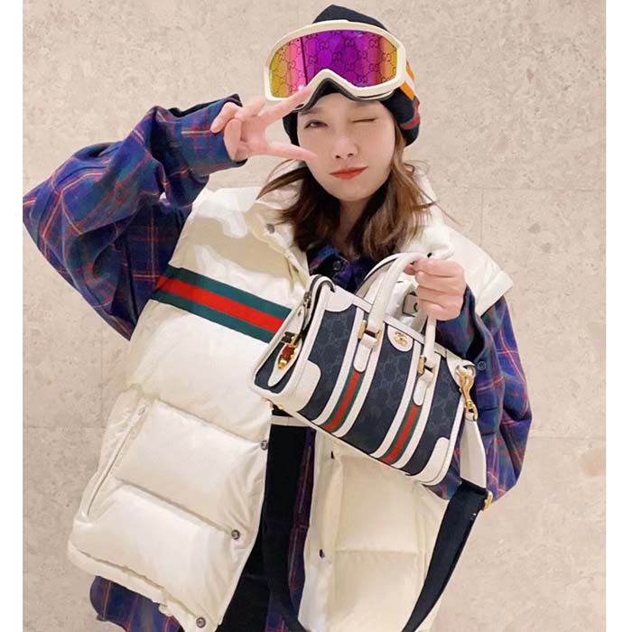 Gucci Women GG Padded Nylon Bomber Jacket Web White Goose Down Detachable Sleeves High Neck