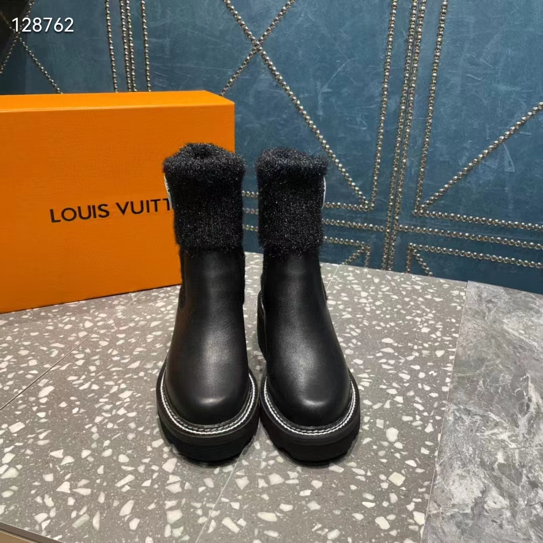 Louis Vuitton Women Shoes LV Beaubourg Ankle Boot Black Calf Leather Wool