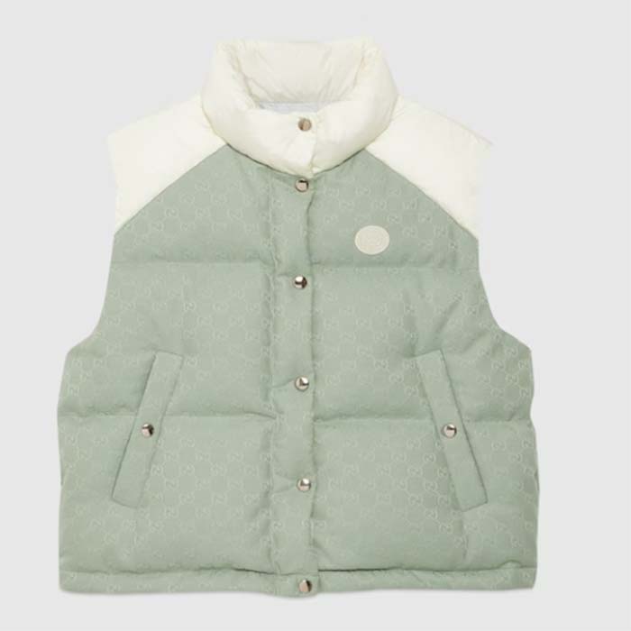 Gucci Men GG Cotton Canvas Padded Gilet Light Blue High Neck Interlocking G Sleeveless