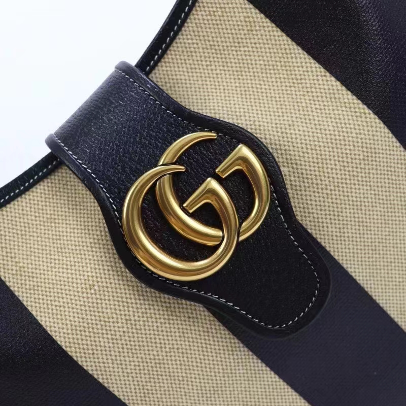 Gucci Women GG Aphrodite Medium Shoulder Bag Beige Black Cotton Canvas Black Leather