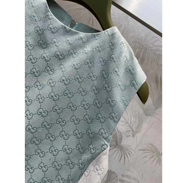 Gucci Women Reversible GG Canvas Dress Pale Blue Unlined Crewneck Sleeveless Two Front Pockets