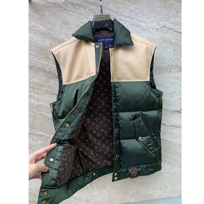 Louis Vuitton LV Men Leather Accent Sleeveless Puffer Jacket Khaki Beige Regular Fit