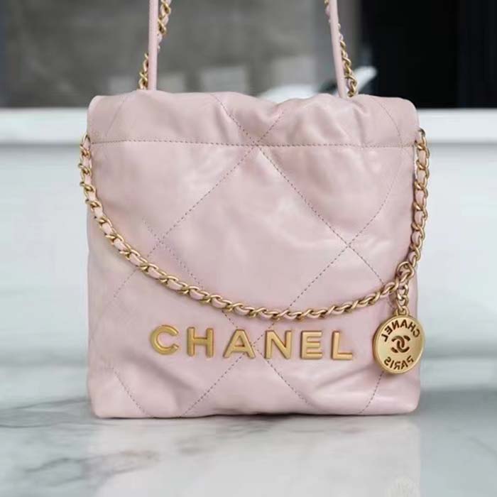 Chanel Women CC 22 Mini Handbag Shiny Calfskin Gold-Tone Metal Light Pink