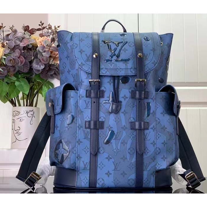 Louis Vuitton LV Unisex Christopher MM Backpack Abyss Blue Monogram Aquagarden Coated Canvas