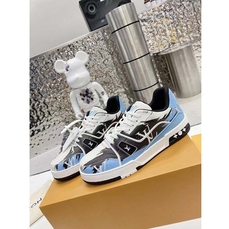 Louis Vuitton LV Unisex Trainer Sneaker Blue Printed Calf Leather Rubber Outsole