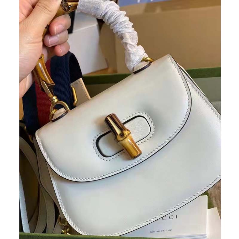Gucci Women Gucci Bamboo 1947 Small Top Handle Bag White Leather Bamboo Hardware