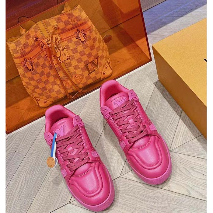 Louis Vuitton Unisex LV Trainer Sneaker Fuchsia Calf Leather Rubber Outsole Monogram Flower