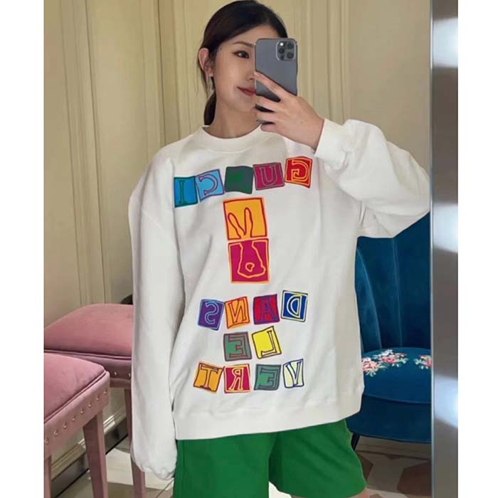 Gucci Women GG Cotton Jersey Sweatshirt Crewneck Rib Cotton Long Sleeves