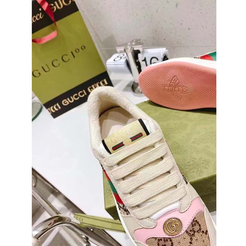 Gucci Unisex Screener Sneaker Crystals Beige Ebony GG Canvas 3.6 cm Heel