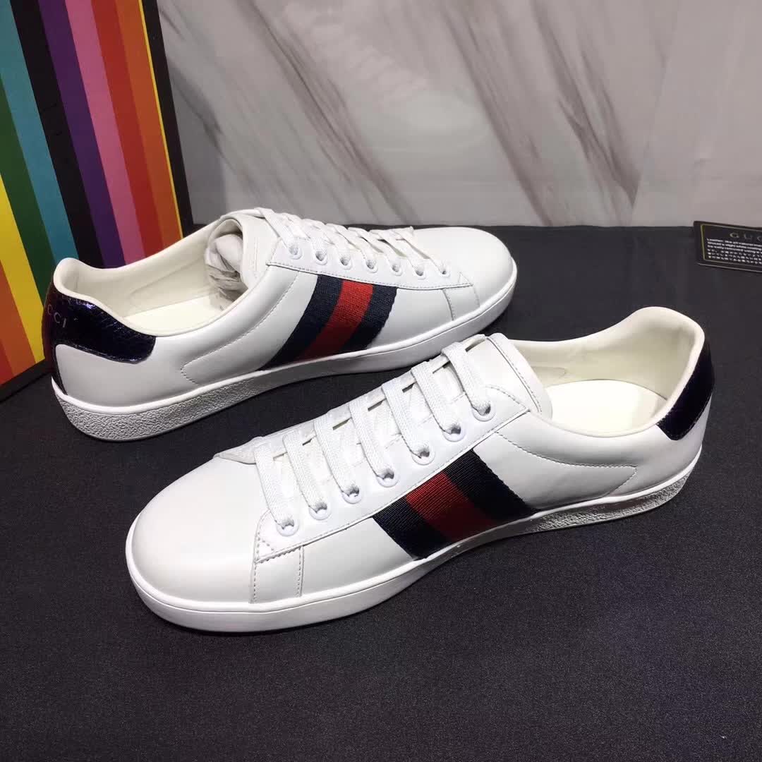 Gucci Men Ace Low-top Sneaker Shoes in Leather with Web-Navy
