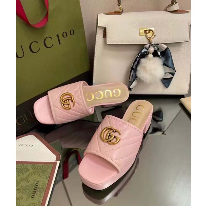 Gucci Women Double G Slide Sandal Rose Pink Chevron Matelassé Leather Mid-Heel