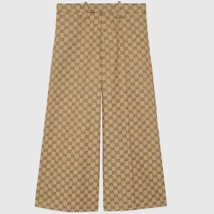 Gucci Men GG Canvas Print Camel Ebony Belt Loops Wide Leg Cropped Length