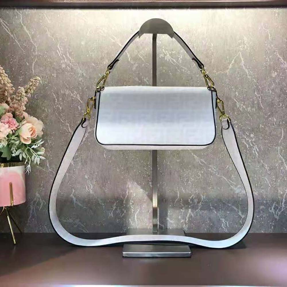 Fendi Women Baguette FF White Glazed Fabric Bag with Inlay