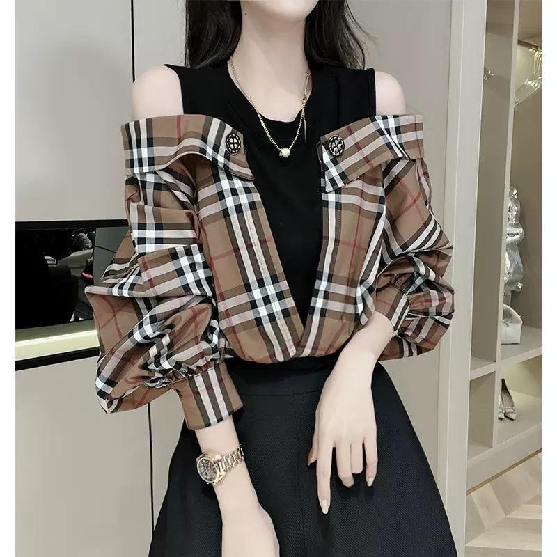 New Fashion Leak Shoulder Plaid Fake Two-piece Shirt 1024050705