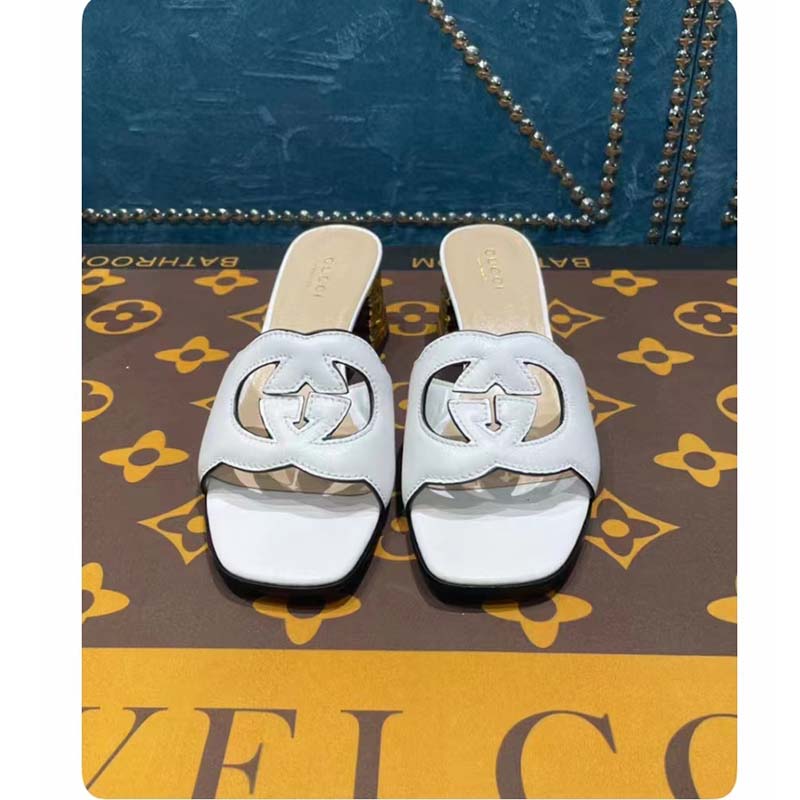 Gucci Women Interlocking G Cut-Out Sandal White Leather Mid-Heel 5 cm Heel