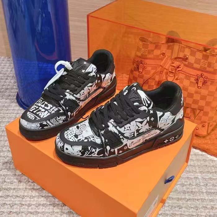 Louis Vuitton Unisex LV Trainer Sneaker Black Printed Canvas Rubber Outsole Monogram Flowers