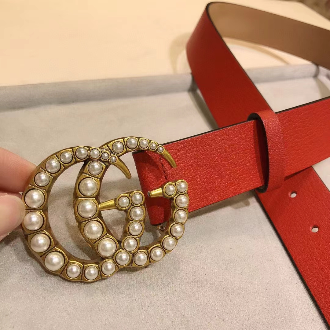 Gucci Unisex Leather Belt Pearl Double G Red 3.8 CM Width