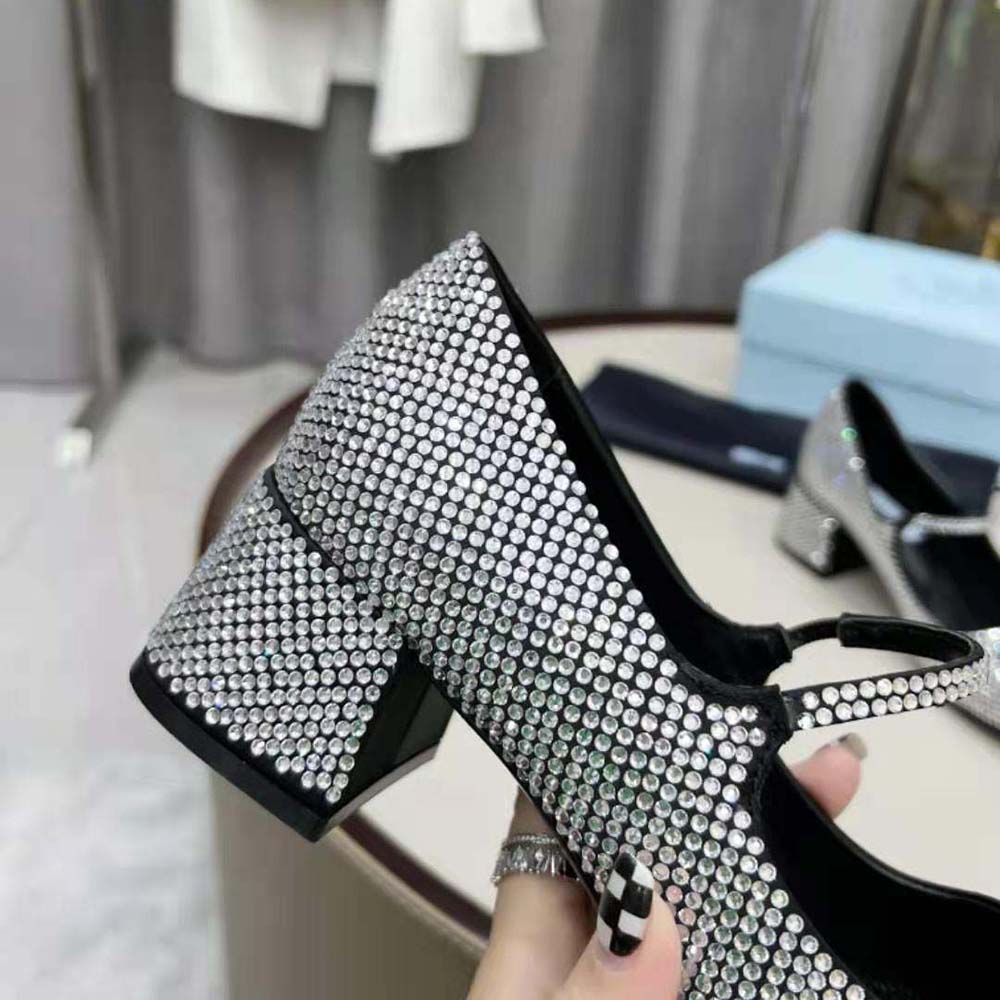 Prada Women Satin Pumps with Crystals in 45mm Heel Height-Silver