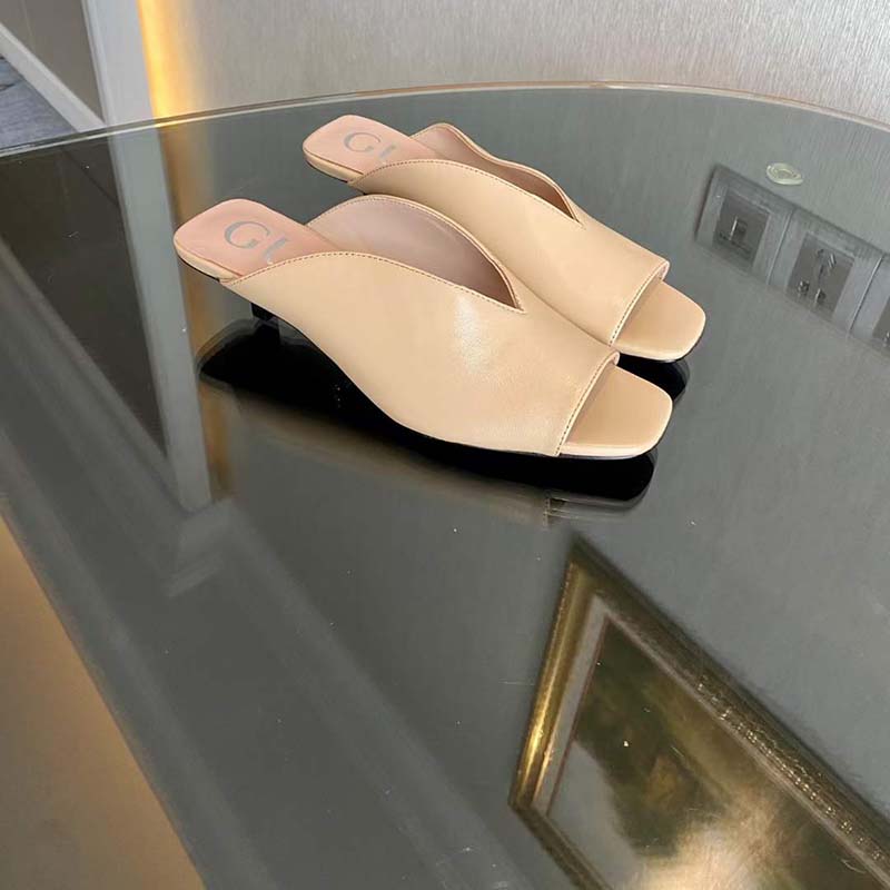 Gucci Women GG Mid-Heel Open-Toe Pump Light Pink Leather Sole 7.6 Cm Heel