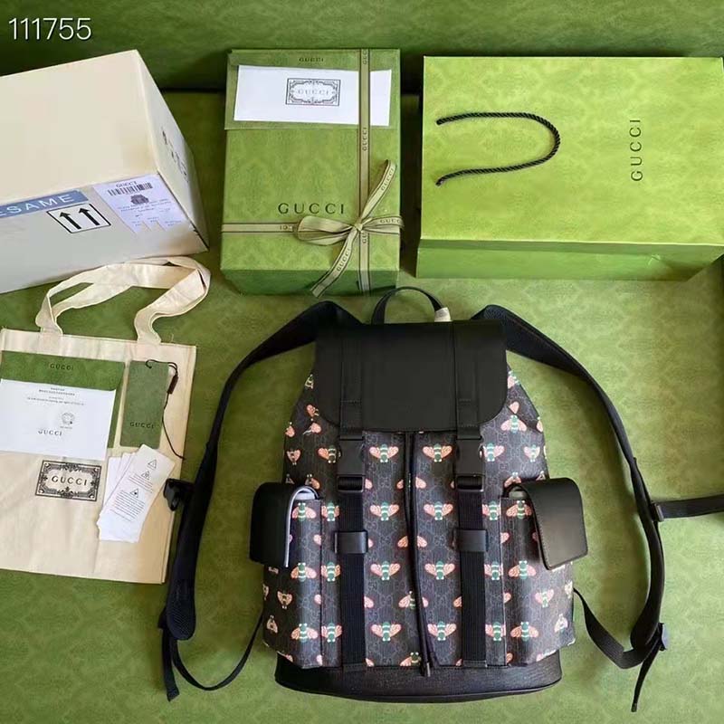 Gucci Unisex Gucci Bestiary Backpack Bag Bees Black GG Supreme Canvas