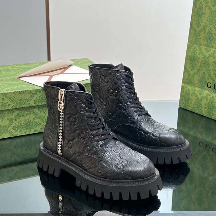 Gucci Unisex GG Leather Boots Rubber Lug Sole Lace-Up Interlocking G Flats