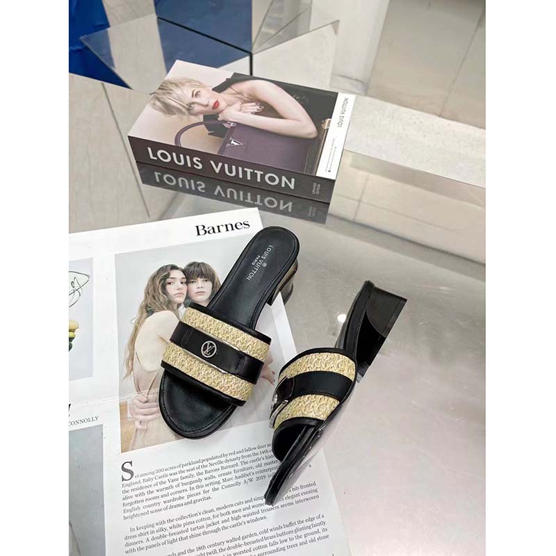 Louis Vuitton LV Women Lock It Mule Black Raffia Calf Leather Circle 3.5 cm Heel