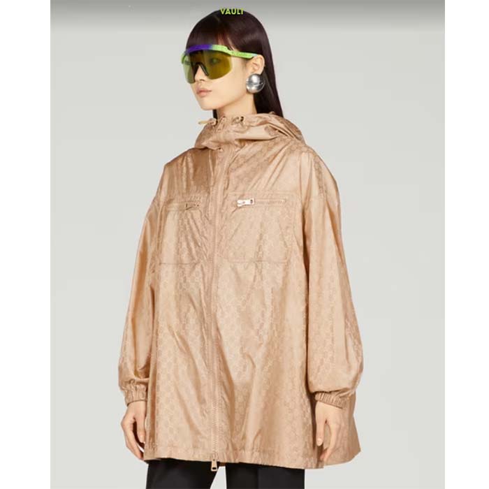 Gucci Women GG Hooded Jacket Light Camel GG Nylon Jacquard