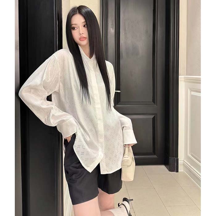 Louis Vuitton Women LV Monogram Long-Sleeved Silk Shirt White 1AFJUE