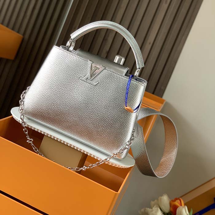 Louis Vuitton LV Women Capucines BB Handbag Etain Metallic Gray Taurillon Leather