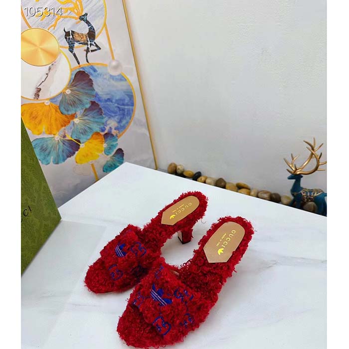 Gucci Women Adidas x Gucci Slide Sandal Red GG Trefoil Shearling-Effect Fabric
