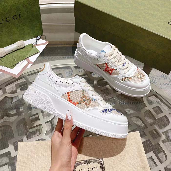 Gucci Unisex GG Sneaker White Leather Mid Heel Interlocking G 5.6 Cm Heel