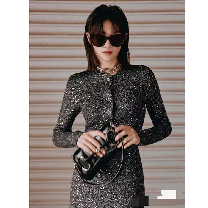 Gucci Women GG Viscose Knit Cardigan Blend Sequin Embroidery Silver Crewneck Long Sleeves