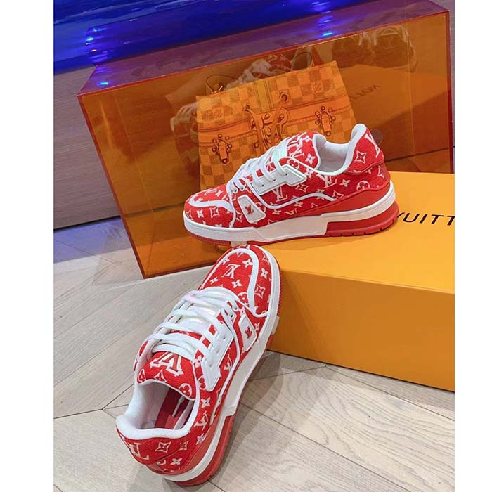 Louis Vuitton LV Unisex LV Trainer Sneaker Red Monogram Textile Rubber Outsole
