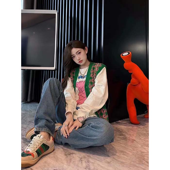 Gucci Women GG HA HA HA Square G Vest Green Pink Wool Jacquard V-Neck Sleeveless