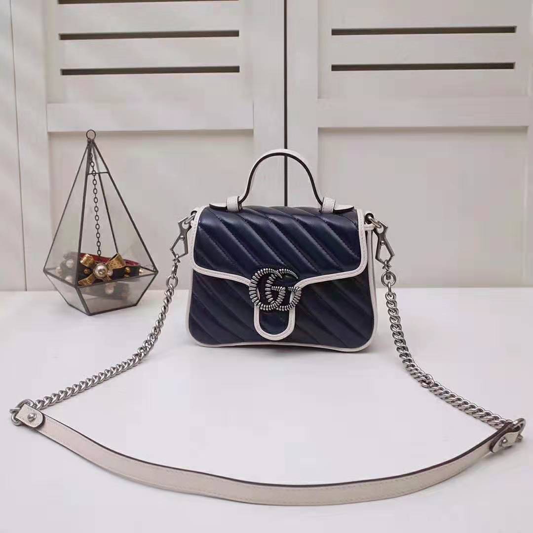 Gucci GG Women GG Marmont Mini Top Handle Bag in Blue Diagonal Matelassé Leather