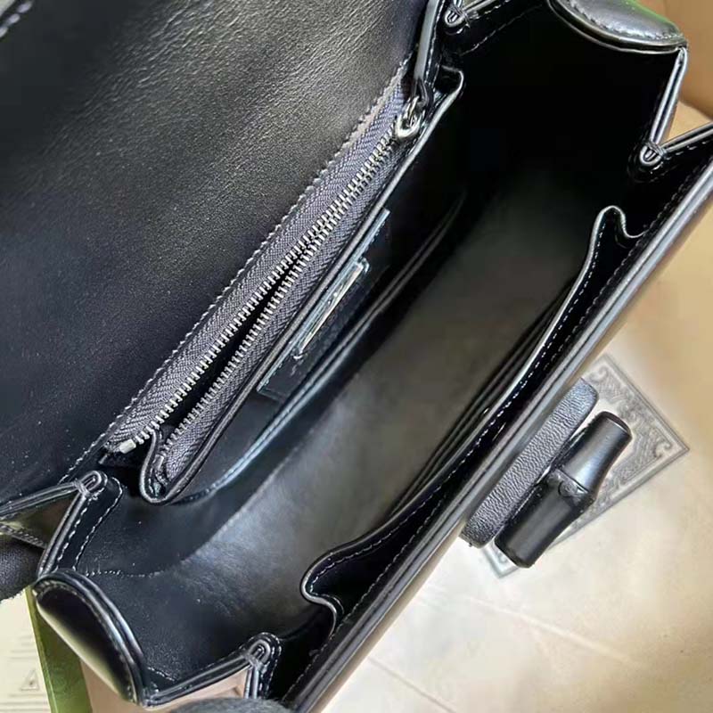 Gucci GG Women Small Top Handle Bag with Bamboo Black Leather