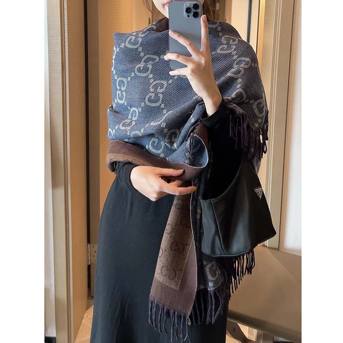 Gucci Unisex GG Cashmere Jacquard Scarf Blue Beige GG Cashmere Jacquard