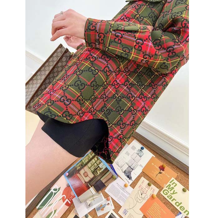 Gucci Women GG Tartan Wool Shirt Green Red GG Point Collar Long Sleeves Button Cuffs