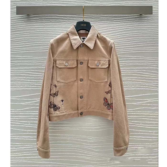Dior Men CD Jacket Beige Cotton Denim Multicolor Butterfly Around The World Motif