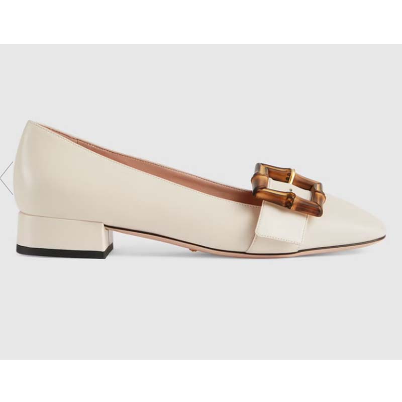 Gucci Women’s GG Ballet Flat Bamboo Buckle White Leather Round Toe Chunky Heel