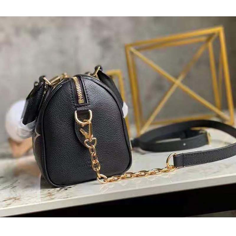 Louis Vuitton Women Speedy Bandoulière 25 Handbag Black Beige Embossed Grained Cowhide Leather