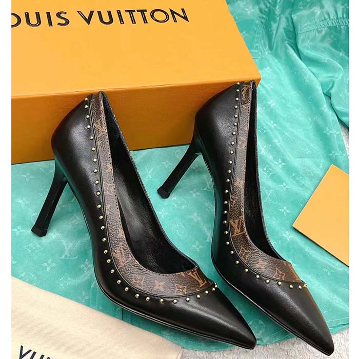 Louis Vuitton LV Women Signature Pump Black Calf Leather Patent Monogram Canvas 9.5 Cm Heel