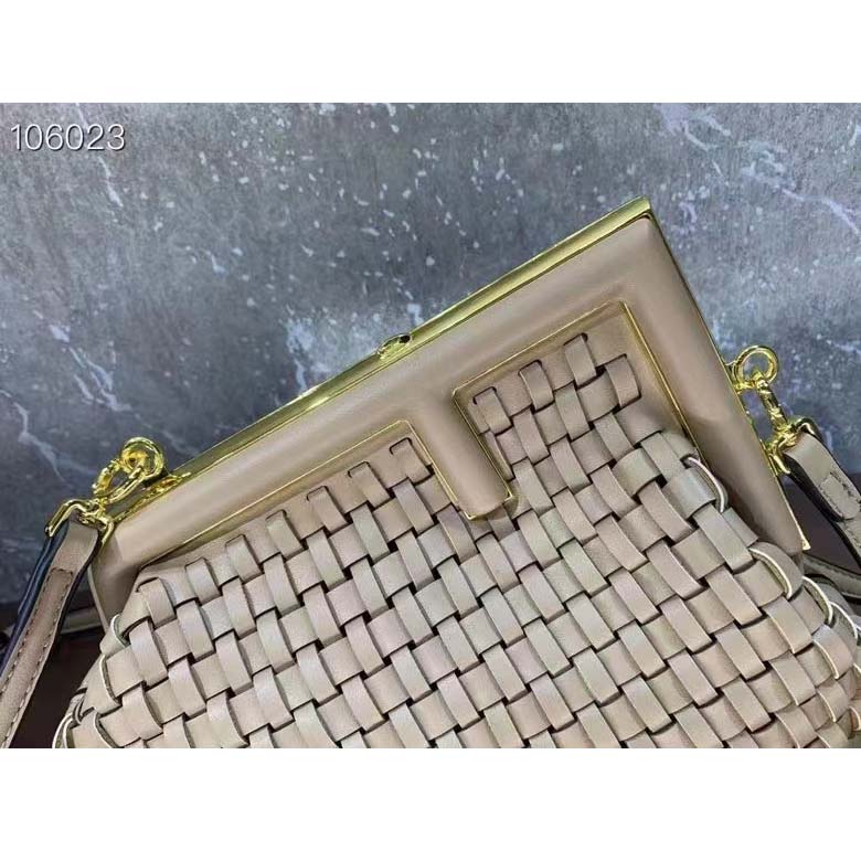 Fendi Women FF First Small Bag Beige Braided Leather Bag