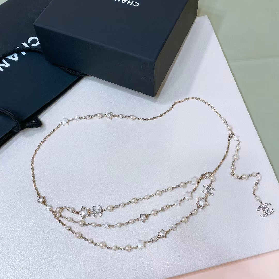 Chanel Women CC Chain Belt Metal Resin Glass Pearls Strass Gold Pearly White Crystal