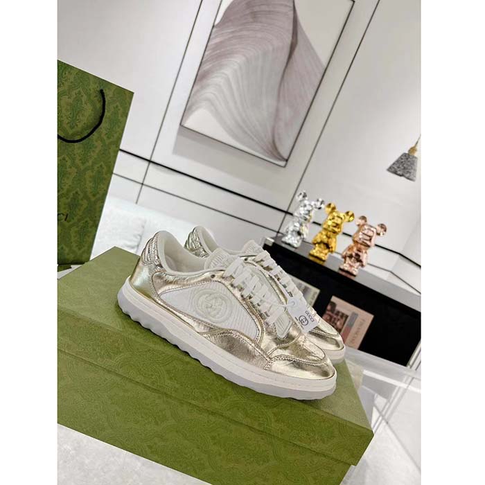 Gucci Unisex GG MAC80 Sneaker Metallic Gold Leather Interlocking G Embroidery Round Toe Rubber Flat