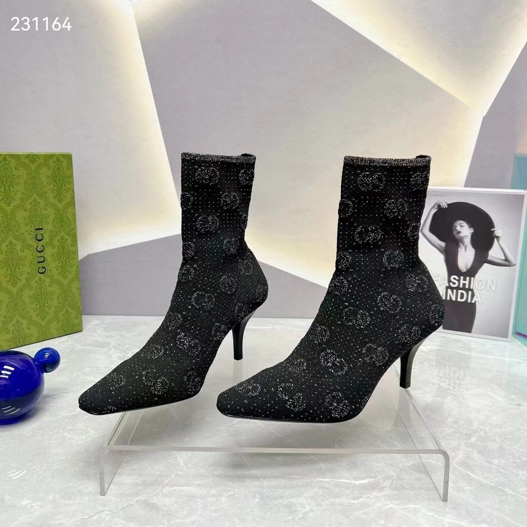 Gucci Women GG Knit Ankle Boots Black Grey Technical Knit Fabric Square Toe Leather Mid-Heel