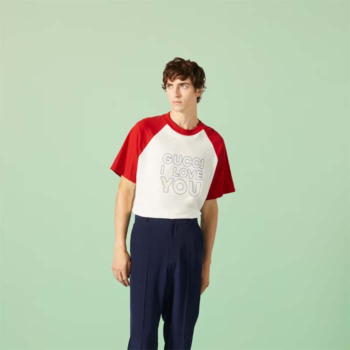 Gucci Men GG Cotton Jersey T-Shirt Red Off White Medium Crewneck Raglan Sleeves