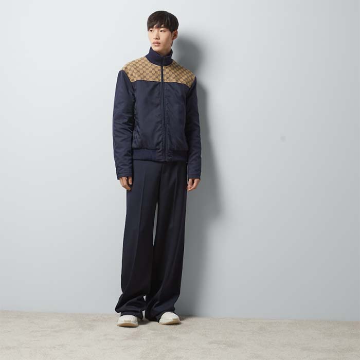 Gucci Men GG Nylon Canvas Zip Jacket Dark Blue Interlocking G Embroidered High Neck