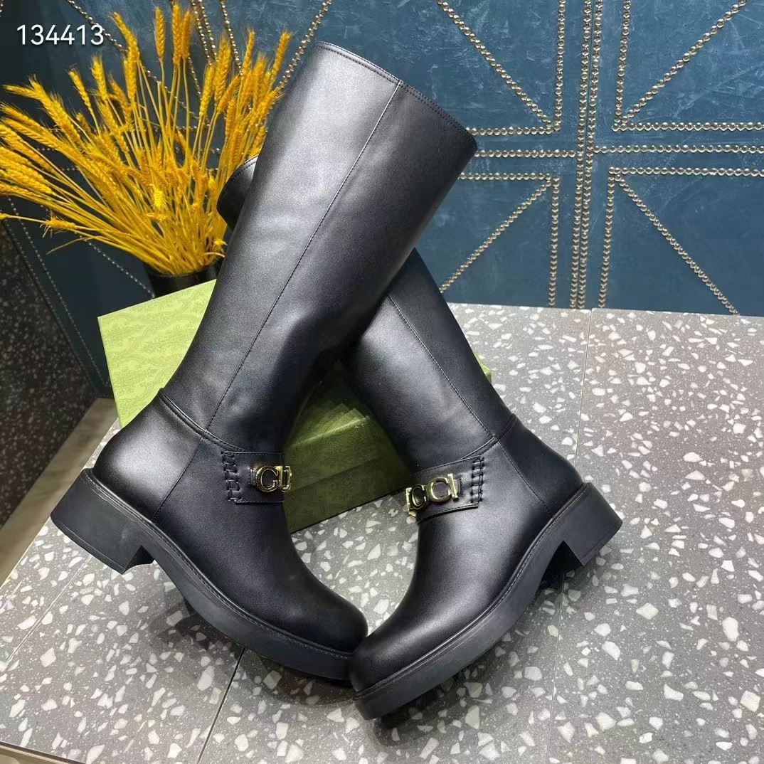 Gucci Women GG Gucci Boot Black Leather Rubber Sole Side Zip Closure Flat 2.3 CM Heel