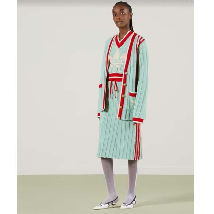 Gucci Women GG Adidas x Gucci Rib Stitch Sleeveless Top Cotton Trefoil Embroidery Knit V-Neck